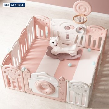 Quây cũi kẻ sọc gấp gọn có bóng rổ và ném vòng BBT GLOBAL BR9507S - Hồng