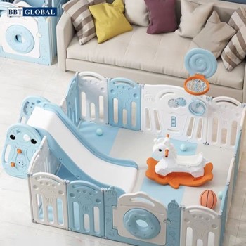 Quây cũi gấp gọn kẻ sọc có bóng rổ và ném vòng BBT GLOBAL BR9507S - Xanh